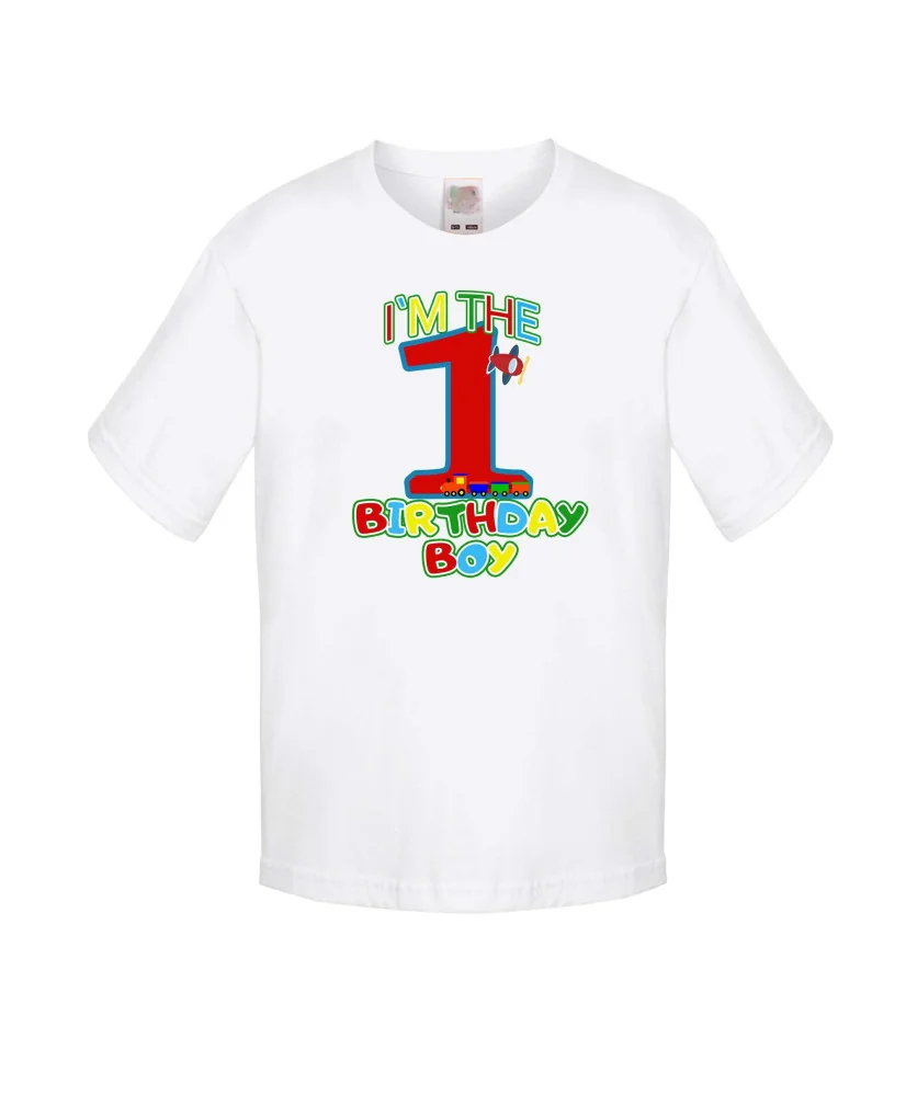 Бебешка тениска Рожден ден I am the birthday boy 1 train and plane Бебешка тениска Рожден ден I am the birthday boy 1 train and plane
