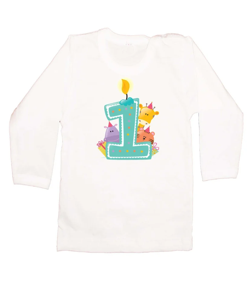 Детска тениска Рожден ден First Birthday candle Animals blue Детска тениска Рожден ден First Birthday candle Animals blue