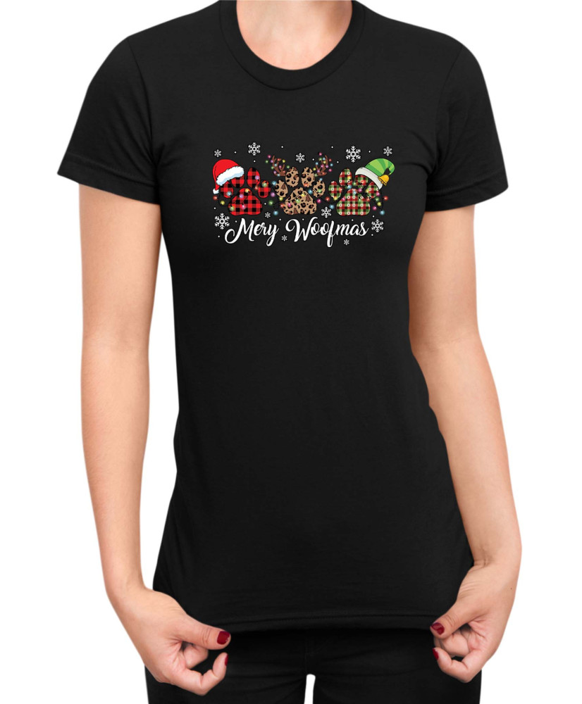 Дамска Коледна тениска Merry Woofmas 01 Весела Коледа Кученца