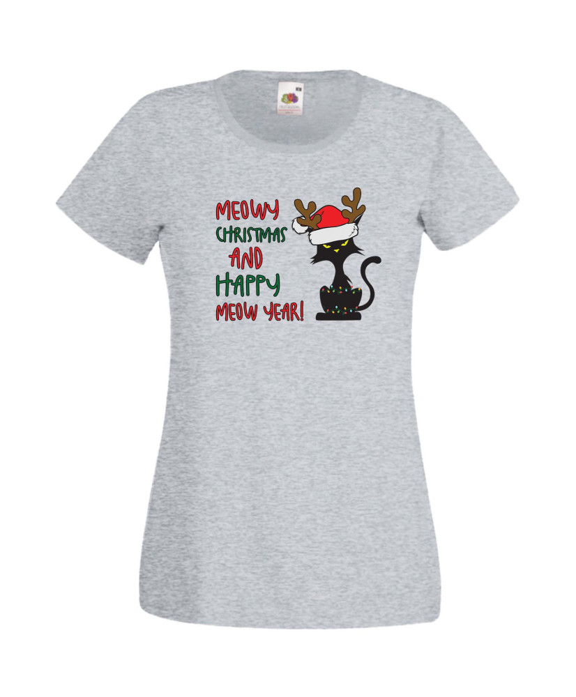 Дамска Коледна Тениска Подарък За Коледа Нова Година Meowy Christmas And Happy Meow Year