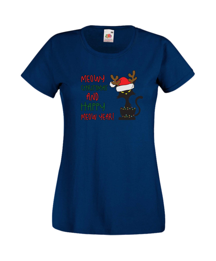 Дамска Коледна Тениска Подарък За Коледа Нова Година Meowy Christmas And Happy Meow Year Дамска Коледна Тениска Подарък За Коледа Нова Година Meowy Christmas And Happy Meow Year