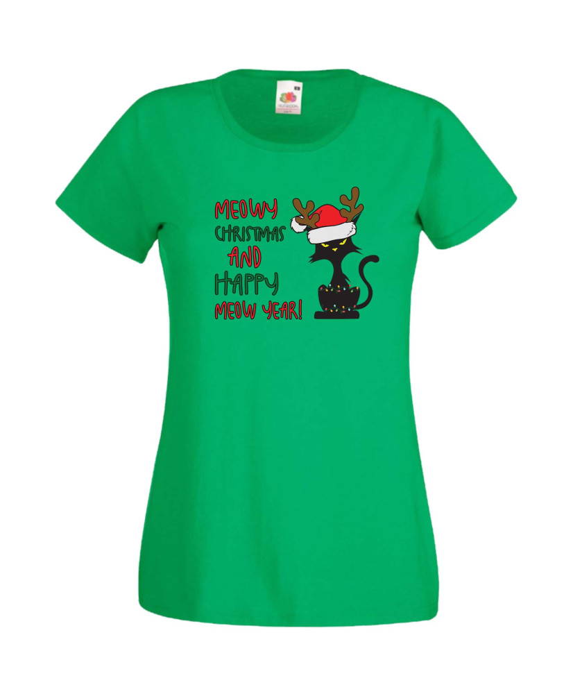 Дамска Коледна Тениска Подарък За Коледа Нова Година Meowy Christmas And Happy Meow Year Дамска Коледна Тениска Подарък За Коледа Нова Година Meowy Christmas And Happy Meow Year