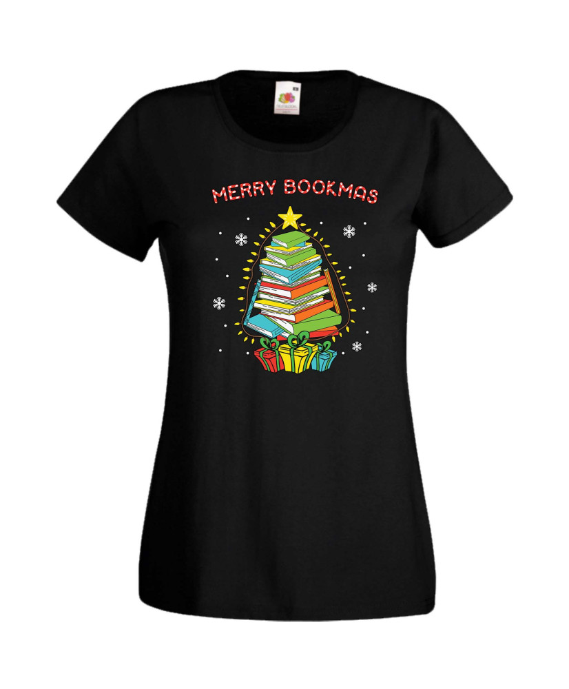 Дамска Коледна Тениска Подарък За Коледа Нова Година Merry Bookmas Books Christmas Tree Дамска Коледна Тениска Подарък За Коледа Нова Година Merry Bookmas Books Christmas Tree