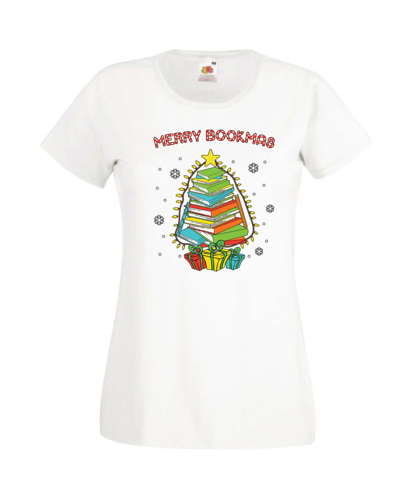 Дамска Коледна Тениска Подарък За Коледа Нова Година Merry Bookmas Books Christmas Tree Дамска Коледна Тениска Подарък За Коледа Нова Година Merry Bookmas Books Christmas Tree