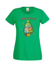 Дамска Коледна Тениска Подарък За Коледа Нова Година Merry Bookmas Books Christmas Tree