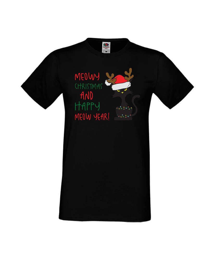 Мъжка Коледна Тениска Подарък За Коледа Нова Година Meowy Christmas And Happy Meow Year