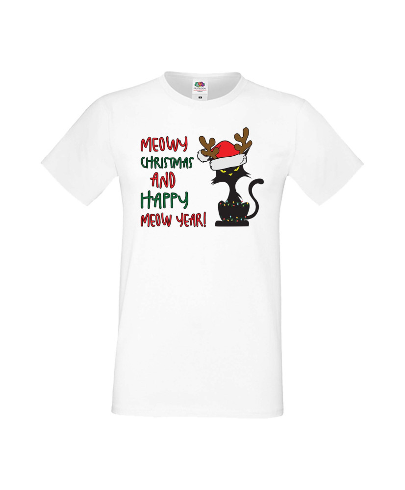 Мъжка Коледна Тениска Подарък За Коледа Нова Година Meowy Christmas And Happy Meow Year