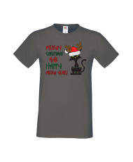 Мъжка Коледна Тениска Подарък За Коледа Нова Година Meowy Christmas And Happy Meow Year