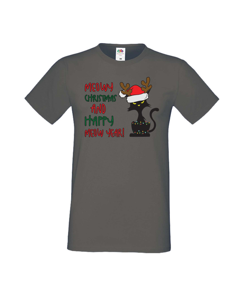 Мъжка Коледна Тениска Подарък За Коледа Нова Година Meowy Christmas And Happy Meow Year