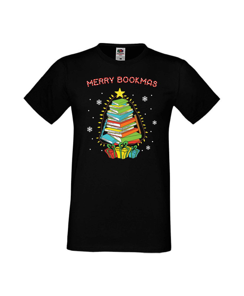 Мъжка Коледна Тениска Подарък За Коледа Нова Година Merry Bookmas Books Christmas Tree