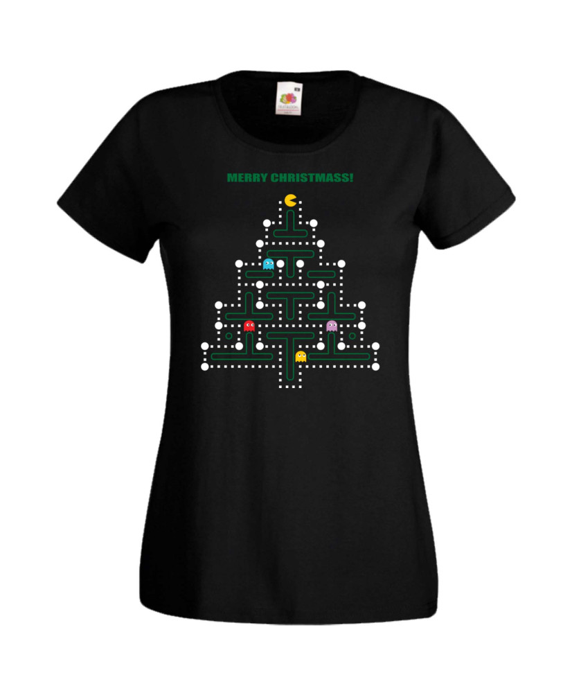 Дамска Коледна Тениска Christmas Holiday Pacman Christmas Tree Дамска Коледна Тениска Christmas Holiday Pacman Christmas Tree