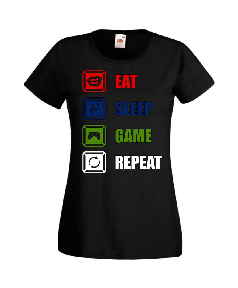Дамска Геймърска Тениска Gamer Eat Sleep Game Repeat 01 Дамска Геймърска Тениска Gamer Eat Sleep Game Repeat 01
