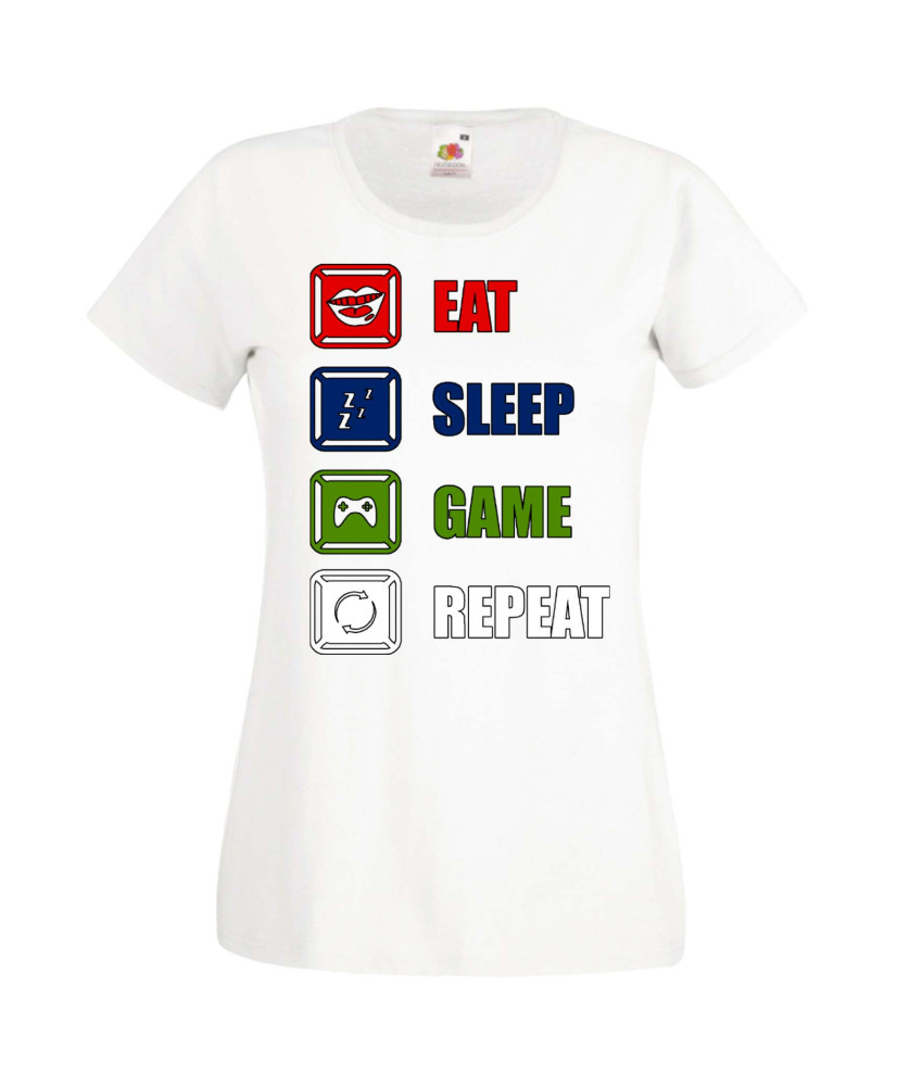 Дамска Геймърска Тениска Gamer Eat Sleep Game Repeat 01 Дамска Геймърска Тениска Gamer Eat Sleep Game Repeat 01