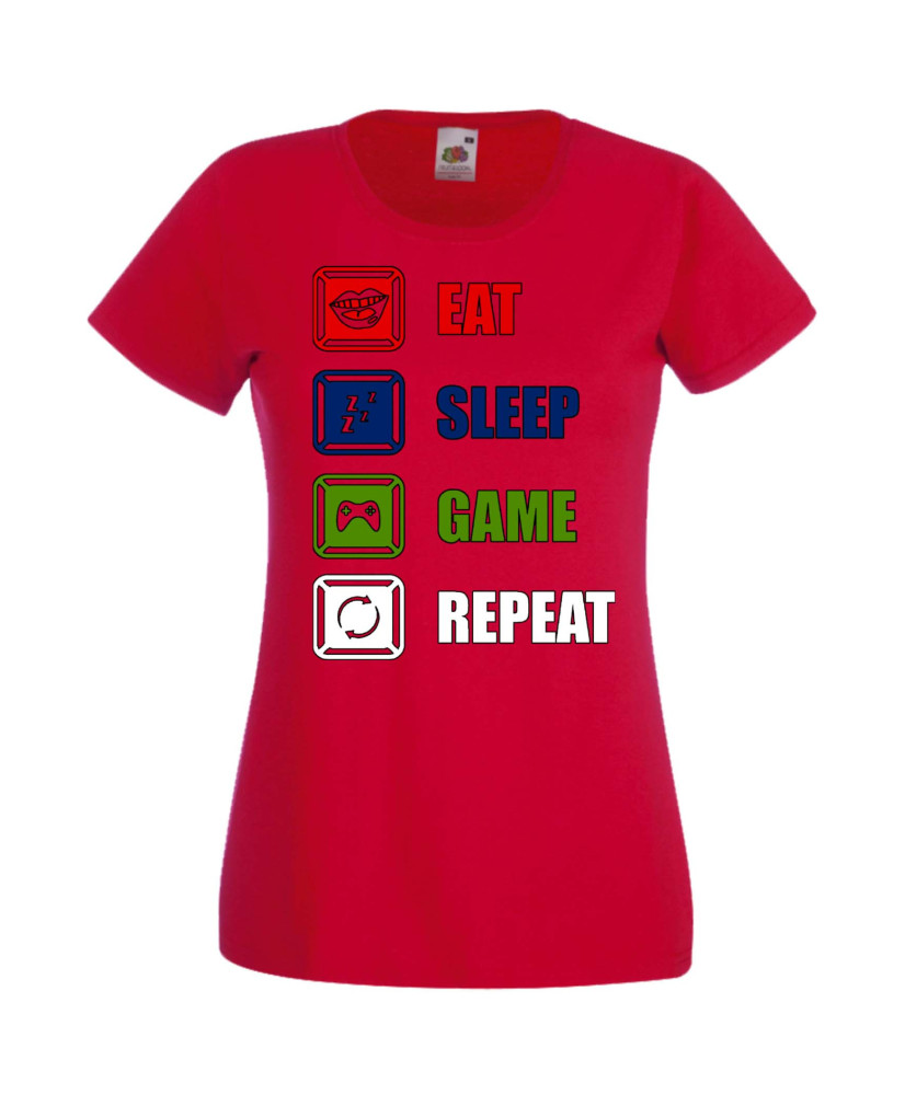 Дамска Геймърска Тениска Gamer Eat Sleep Game Repeat 01 Дамска Геймърска Тениска Gamer Eat Sleep Game Repeat 01
