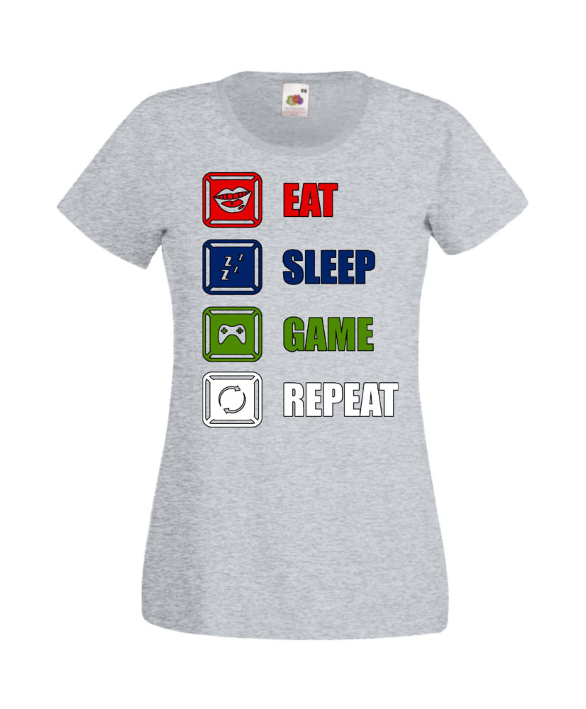 Дамска Геймърска Тениска Gamer Eat Sleep Game Repeat 01 Дамска Геймърска Тениска Gamer Eat Sleep Game Repeat 01