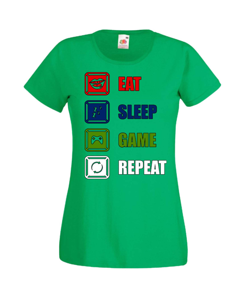 Дамска Геймърска Тениска Gamer Eat Sleep Game Repeat 01 Дамска Геймърска Тениска Gamer Eat Sleep Game Repeat 01