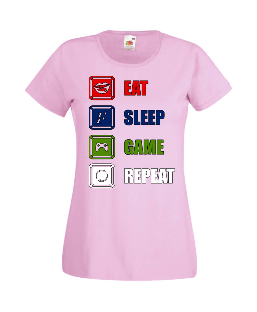 Дамска Геймърска Тениска Gamer Eat Sleep Game Repeat 01 Дамска Геймърска Тениска Gamer Eat Sleep Game Repeat 01