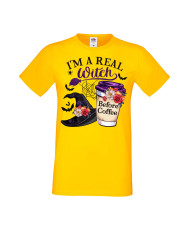 Мъжка Тениска Хелоуин Вси Светии Halloween I'M A Real Witch Before Coffee
