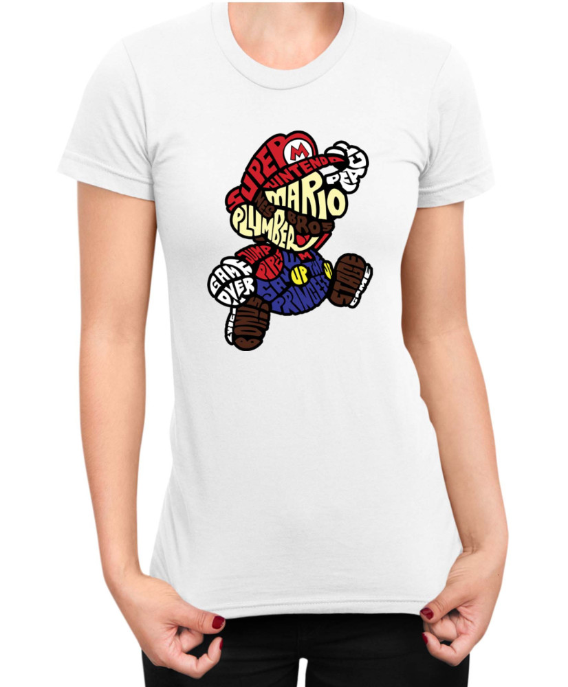 Дамска Тениска Super Mario Nintendo Mario Words Silhouette