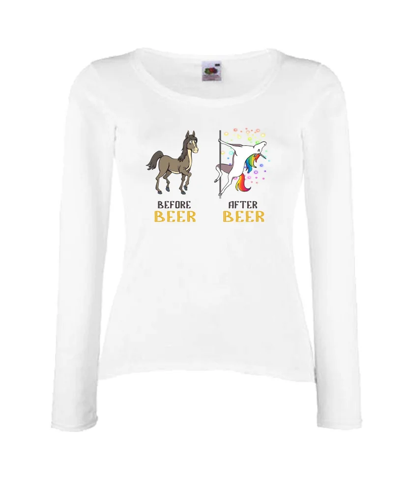 Дамска тениска BEFORE AFTER BEER еднорог